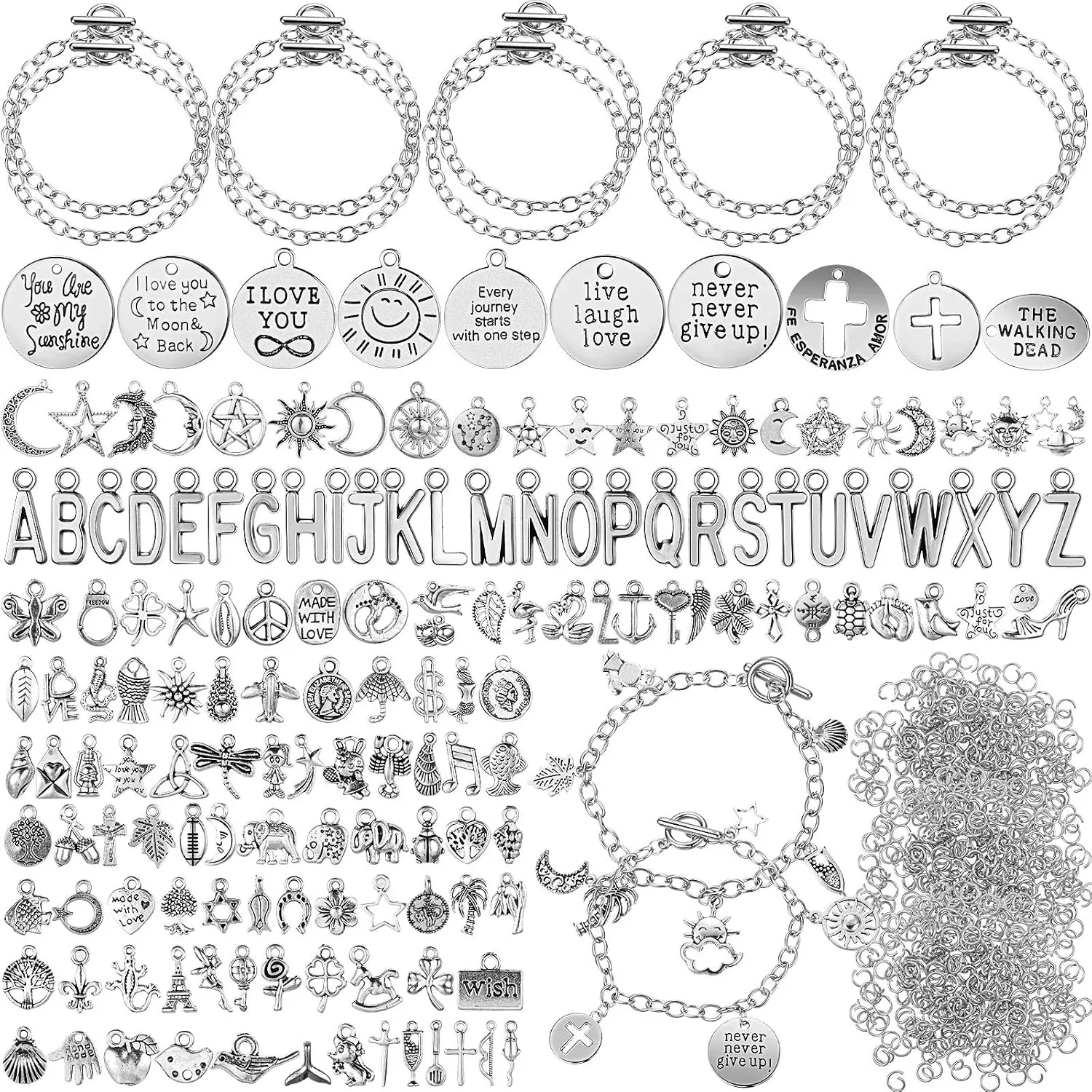 Jewelry Crafting Bracelet Making Kit (469-Piece) with 10 Chain Bracelets, 159 Moon Stars Tibetan Charms, 300 Open Jump Rings, Chain Links, OT Toggle Clasp