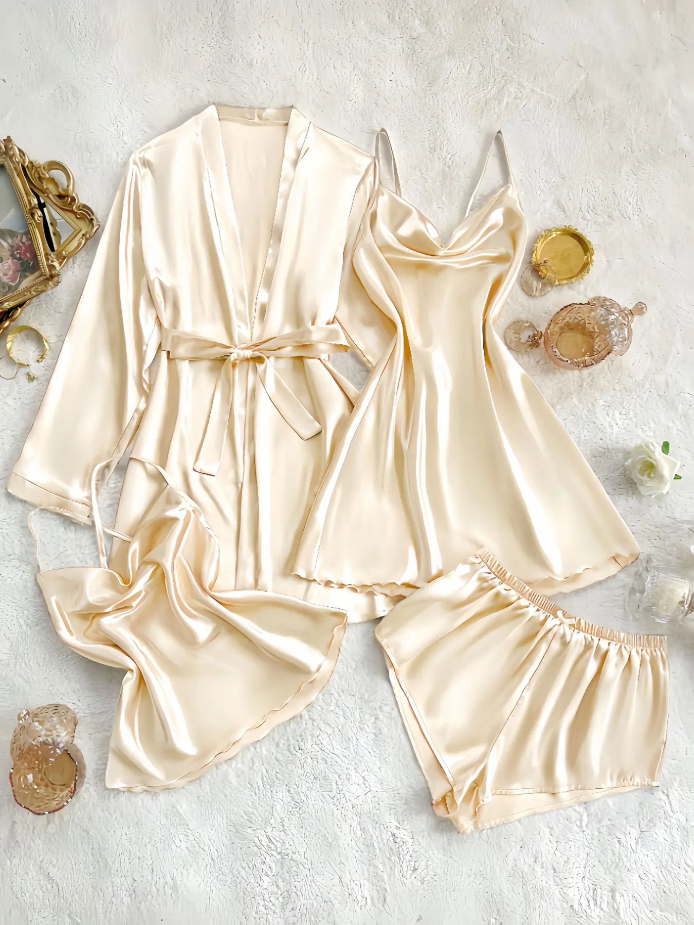 Women's Ice Silk Sleepwear Set, Summer Thin Four-Piece Sexy Pajamas, Bra Top Shorts Nightdress Silk Robe Home Wear