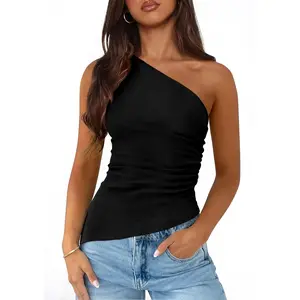Womens 2026 Summer Y2K Tops Sleeveless One Shoulder Slim Fit Shirts Ruched Knit Asymmetrical Top Blouse