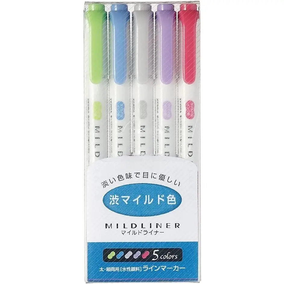 MILD LINER Double-Sided Highlighter with Highlighting Cap, Chisel Tip, Translucent Ink, Water Resistant for Hand Lettering, 5-Set (WKT7-5C-NC)