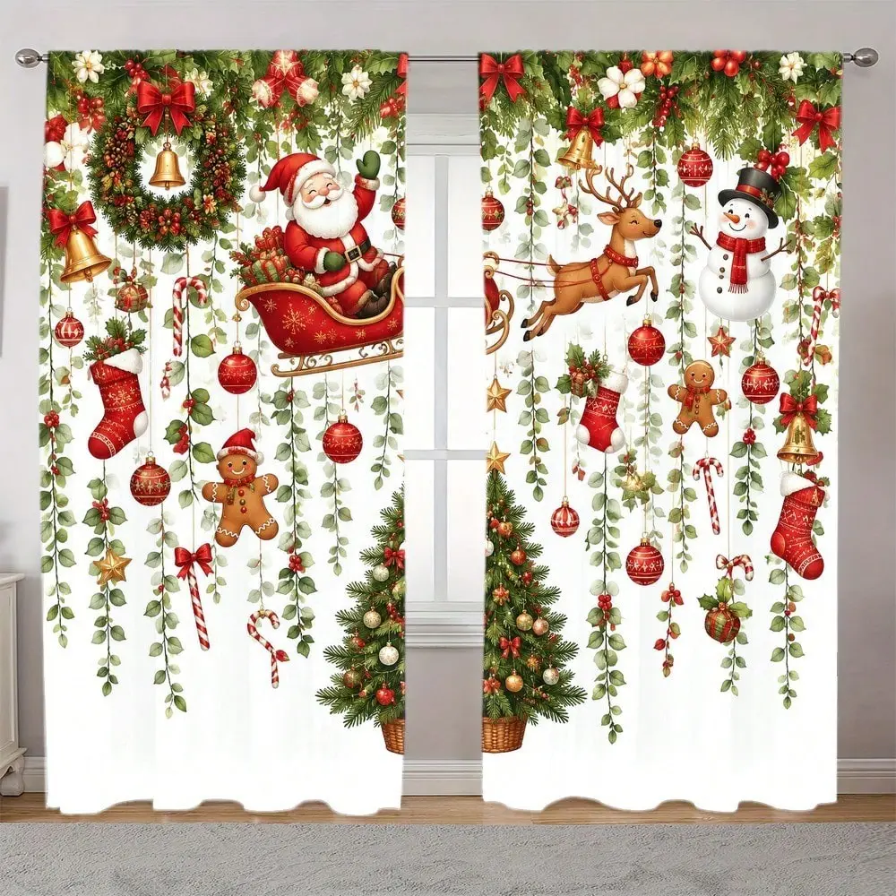 2-Pack Christmas Window Curtains, Santa Reindeer Snowman Floral Gingerbread Design, Privacy Sunscreen Decorative Drapes, Semi-Transparent Rod Pocket