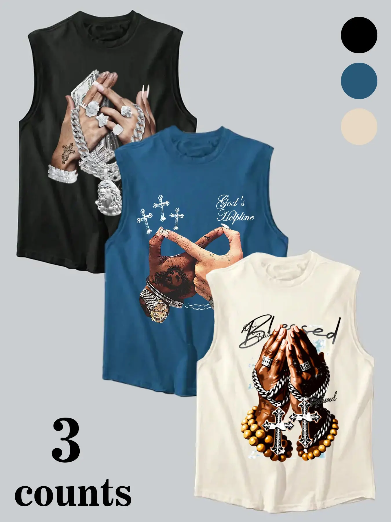 Unisex Hip Hop Sleeveless Tank Top, Stylish Tank Tops, Leisure Sleeveless, Blessed Cross Hand Graphic Print, Crew Neck, Classic Casual Streetwear Vest, Summer Daily Wear with Vibe