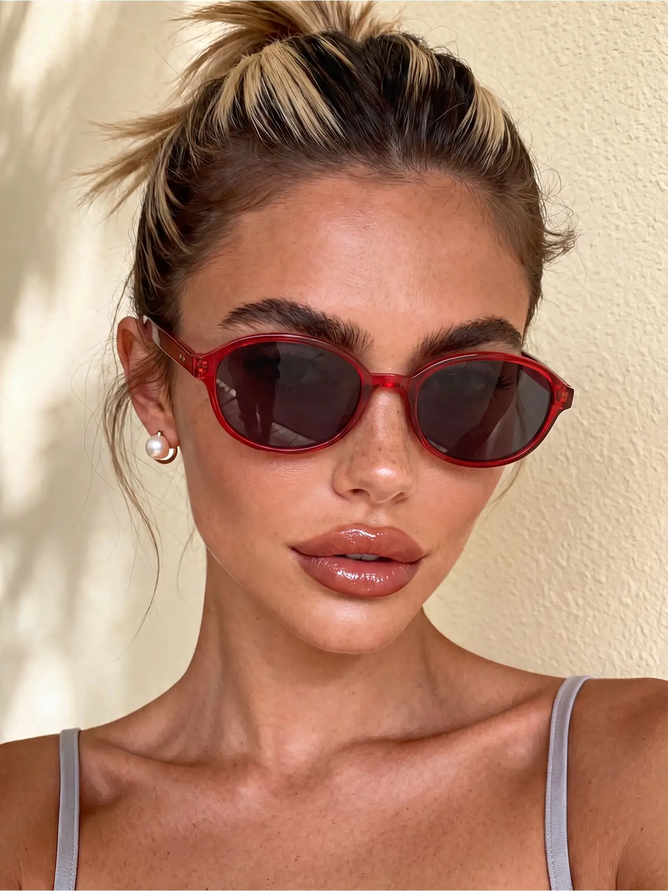 1 pair of men's and women's oval frame red sunglasses with rivet details, Summer Sunglasses, suitable for street photography, parties, golf, beach vacations, casual outings, sporty styles