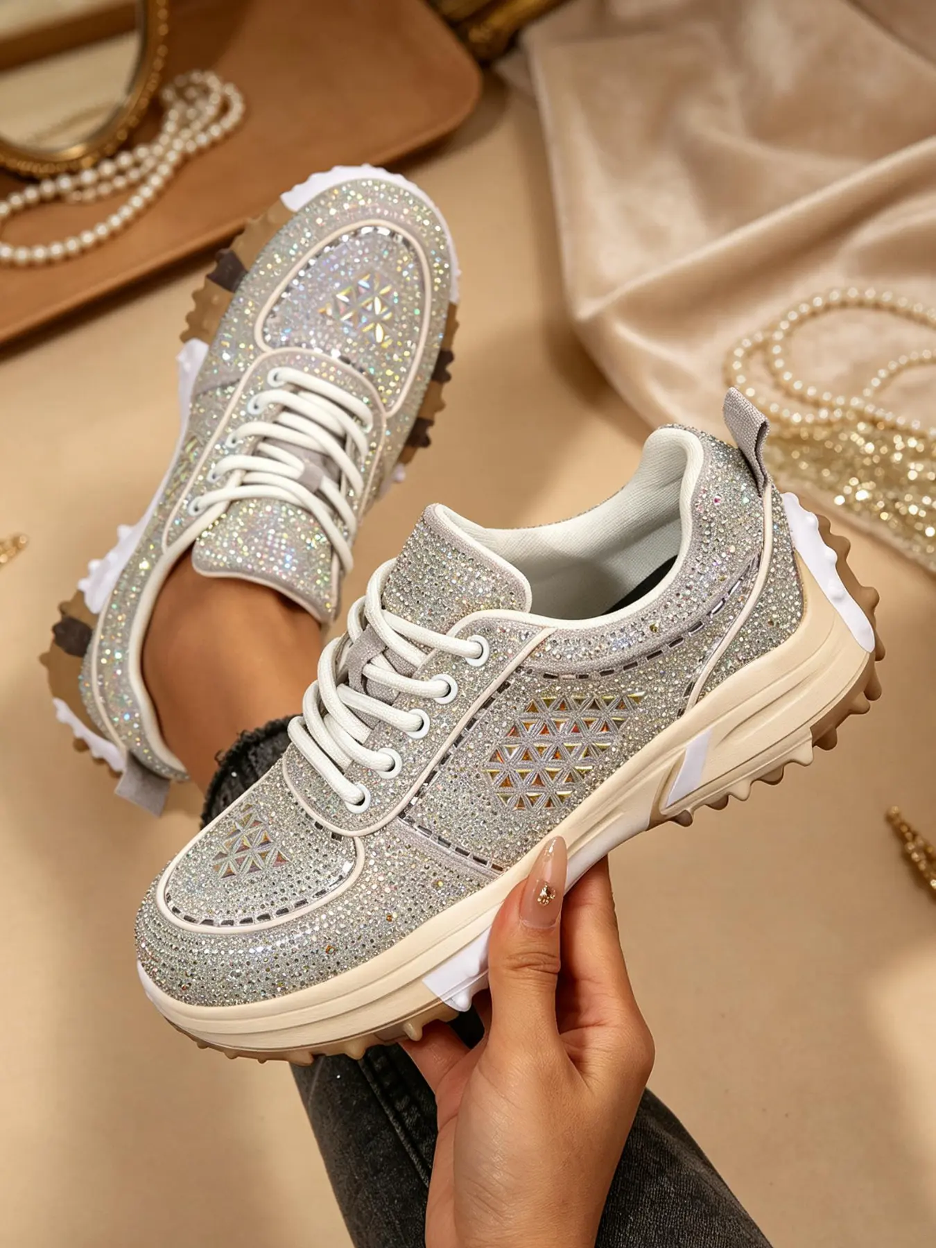 Women's Rhinestone Thick Sole Dad Shoes, Sparkling Platform Sneakers, Lace-Up Casual Party Shoes, Gem Decorated, All Seasons, Versatile Daily Wear