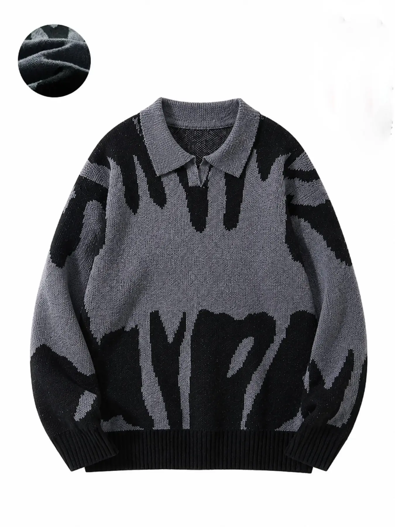 Unisex Polo Collar Drop Shoulder Casual Hip Hop Vibe Sweater, Regular Fit All Over Print Graphic Long Sleeve Stretch Pullover, Drippy Jacquard Polo Sweater, Going Out Top, Fitted Sweatshirts
