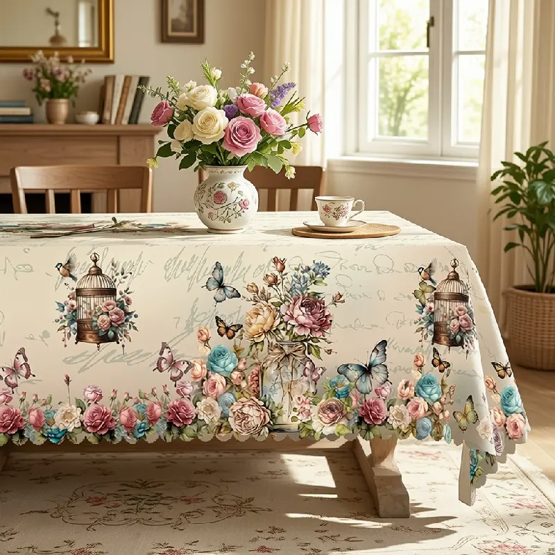 Floral Butterfly Tablecloth with Roses, Baskets, Birdcages, Butterflies and Garden Leaves, Cottage Garden Theme, Round, Rectangular and Oval 60in Covers for Dining Rooms, Restaurants, Tea Parties and Brunches polyester, washable, clearance sale