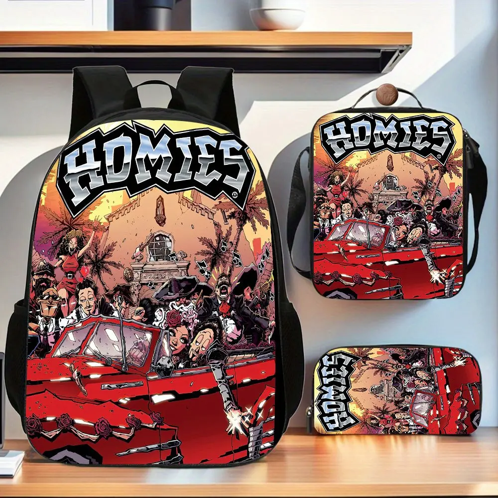 HOMIES Chicano Lowrider 3-Piece Convertible School Kit - Red Classic Palm Tree Street Art Comic Characters, 600D Oxford Water-Resistant, Backpack Lunch Bag Pencil Case, Zipper Closure, for Latin Culture Teens Back to School Haul Campus Life Car Show Trips