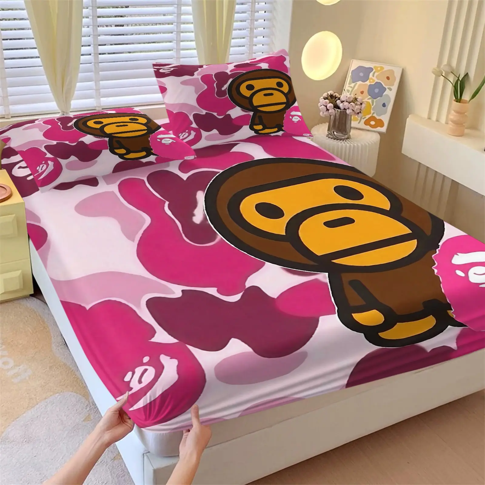 3PCS Pink Camo Cute Cartoon Monkey Print Fitted Sheet Set (1 Fitted Sheet + 2 Pillowcases), Soft Skin-Friendly Microfiber Fabric, HD Digital 3D Printing, Deep Pocket All-around Elastic Anti-slip Design, Trendy Street Style Girls Bedroom Bedding