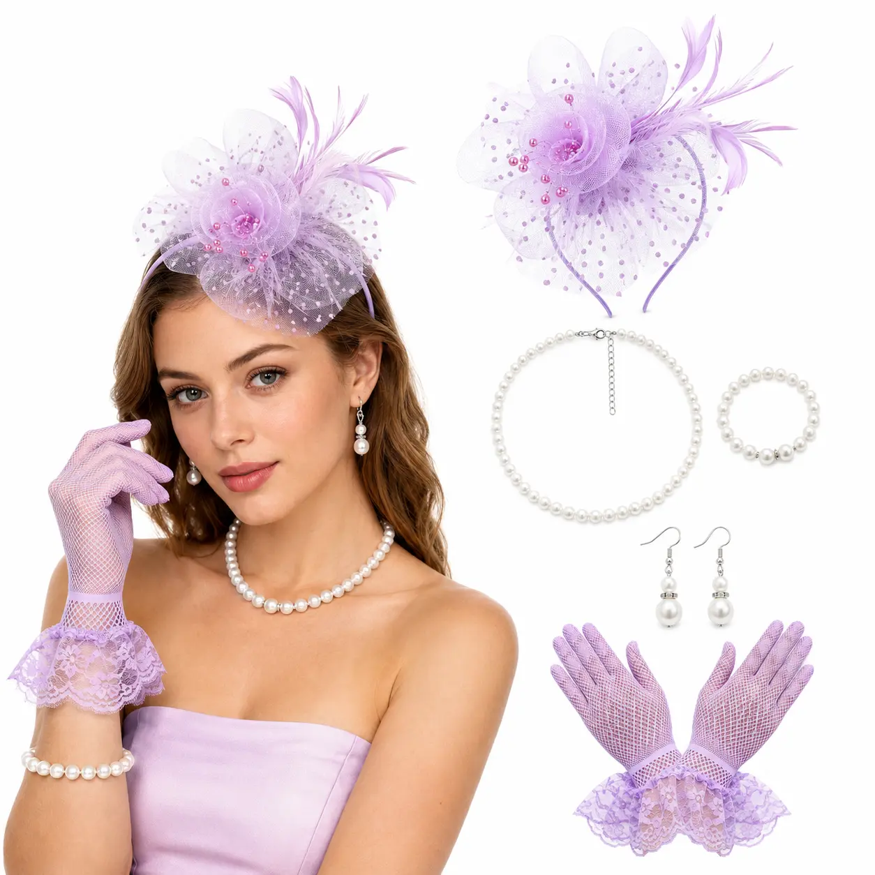 Women’s 3-Piece Vintage Tea Party Costume Set Pack with Feather Hat Fascinator, Lace Gloves, Faux Pearl Jewelry Accessories for Wedding Party, Cocktail Wear