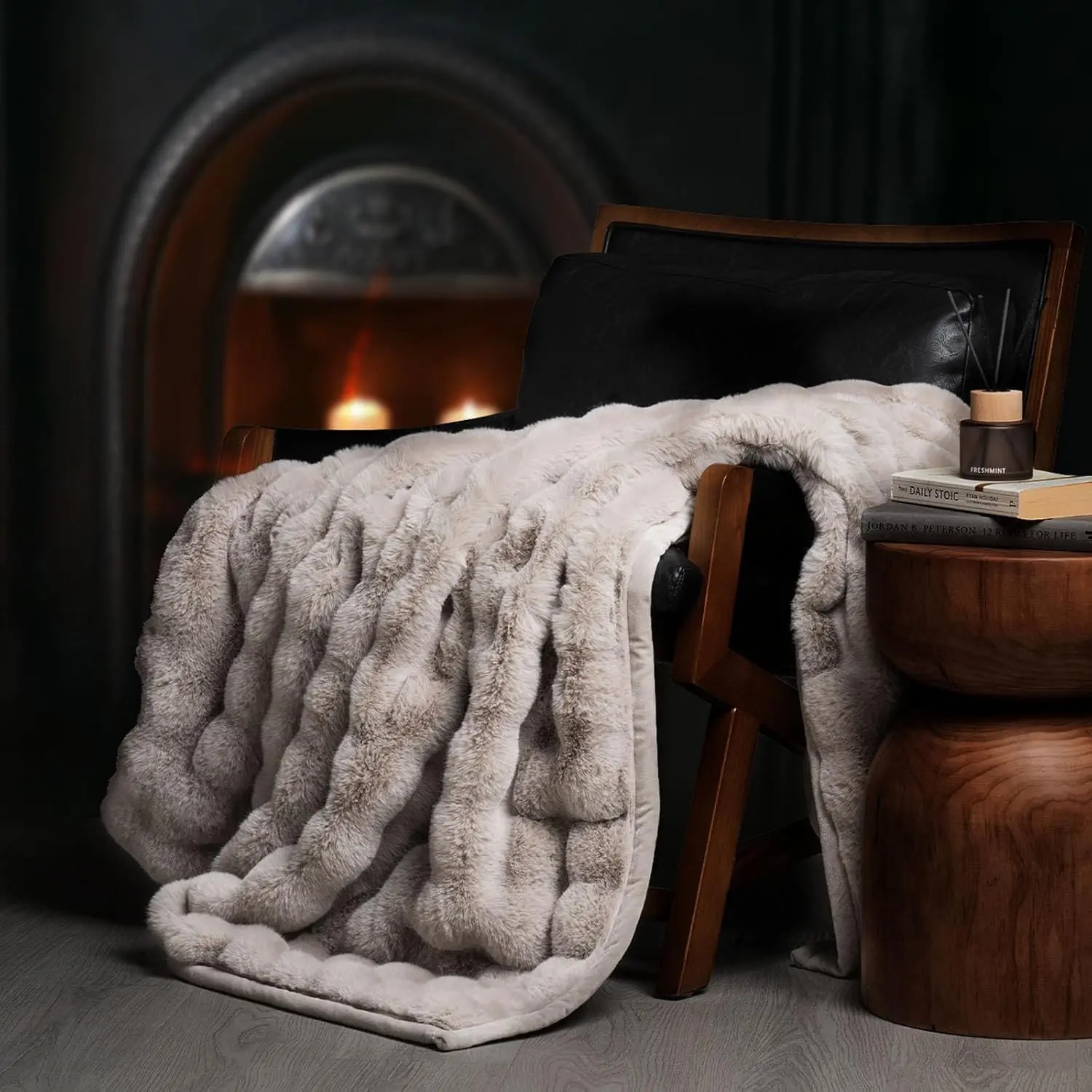 Multi-Tone Ultra Plush Faux Rabbit Fur Bubble Throw Blanket, 60"x80", Taupe - Reversible, Thick Warm, Cozy Fluffy, for Bed, Couch, Luxury, Bubble Texture