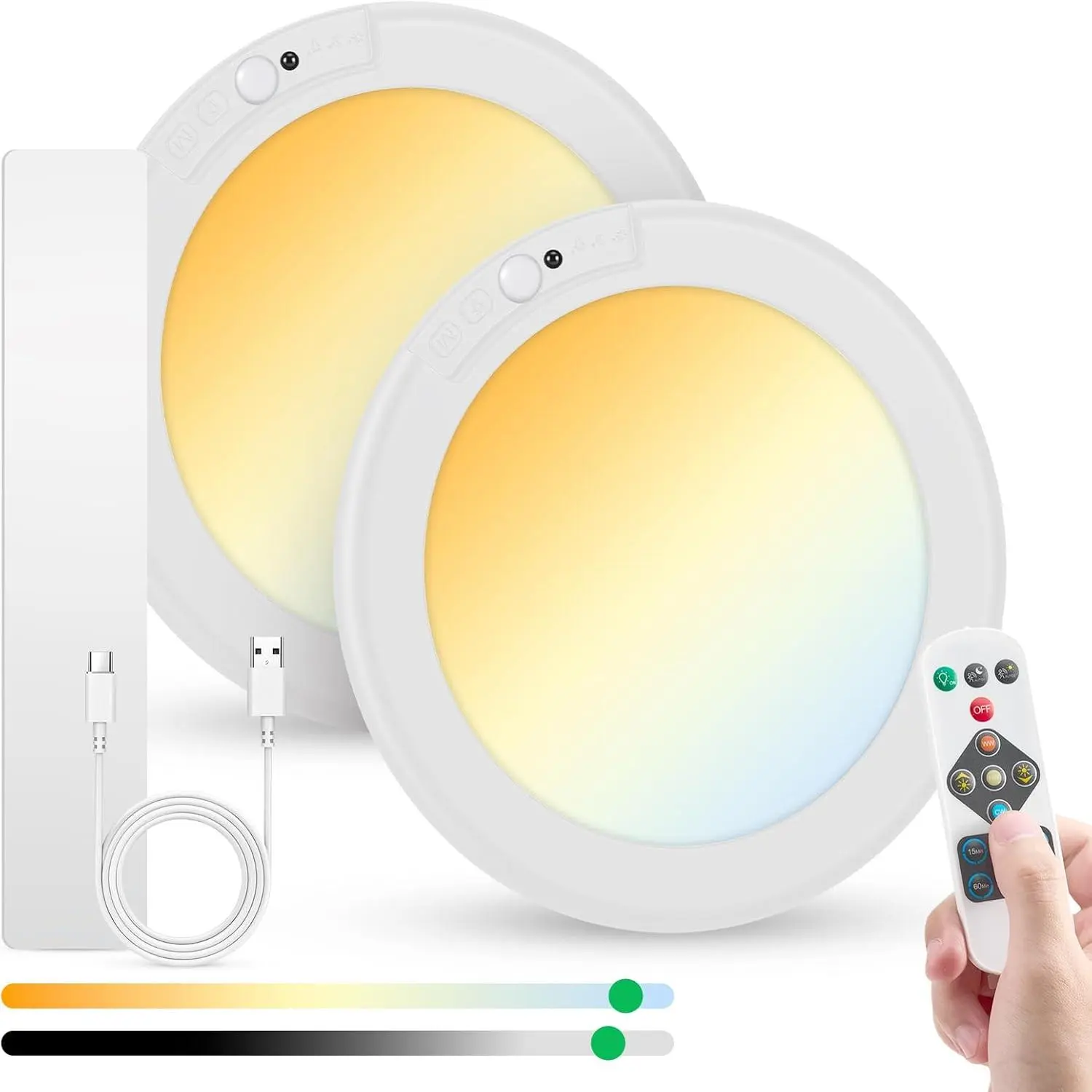 Rechargeable Ceiling Lights Wireless Waterproof Shower Lighting Inside, 3CCT & Dimmable Magnetic Motion Sensor Lights Battery Operated Closet Light No Wiring for Pantry Laundry 2 Pack
