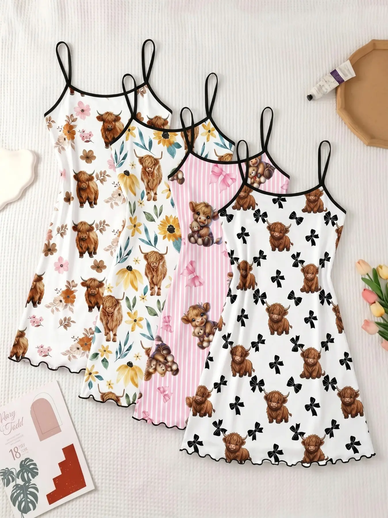 4-Pack Highland Cow Print Nightdresses, Sleeveless Sexy Slim-Fit Pajamas, All-Over Print H-Type Home Wear Loungewear, Sweet Comfortable Sleepwear, Strap Chemise Nightgown