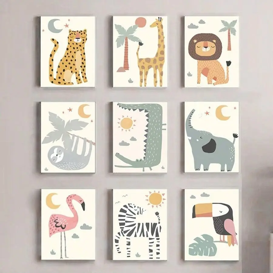 9pcs/set Cartoon Animals Animal Prints Jungle Club Poster Children's Room Crib Decorative Art Canvas Painting Field Nursery Bedroom Decorative Wall Art-Frameless