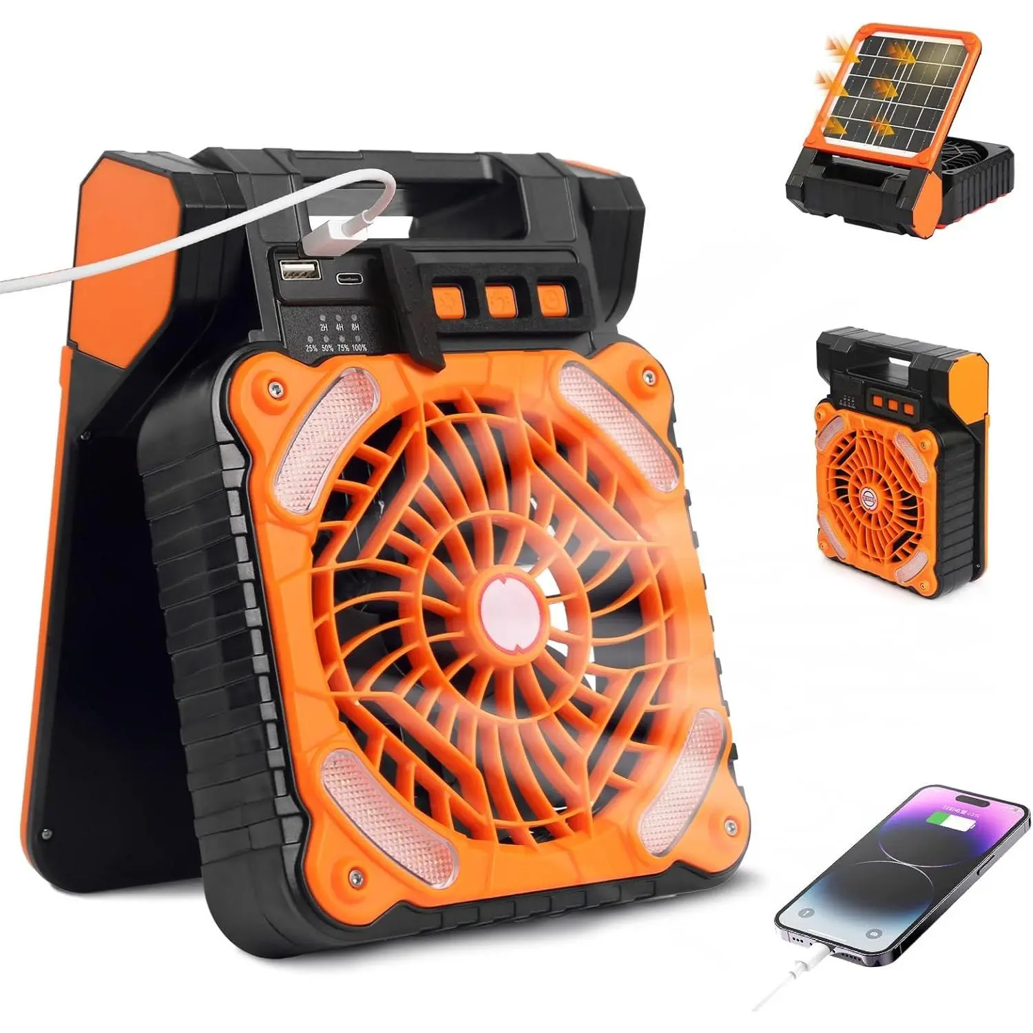 Solar Powered 20000mAh Portable Rechargeable Outdoor Fan, LED Lights, Timer Control, 4-Speed Cordless Battery Operated for Camping Gazebo Cooling (Orange)