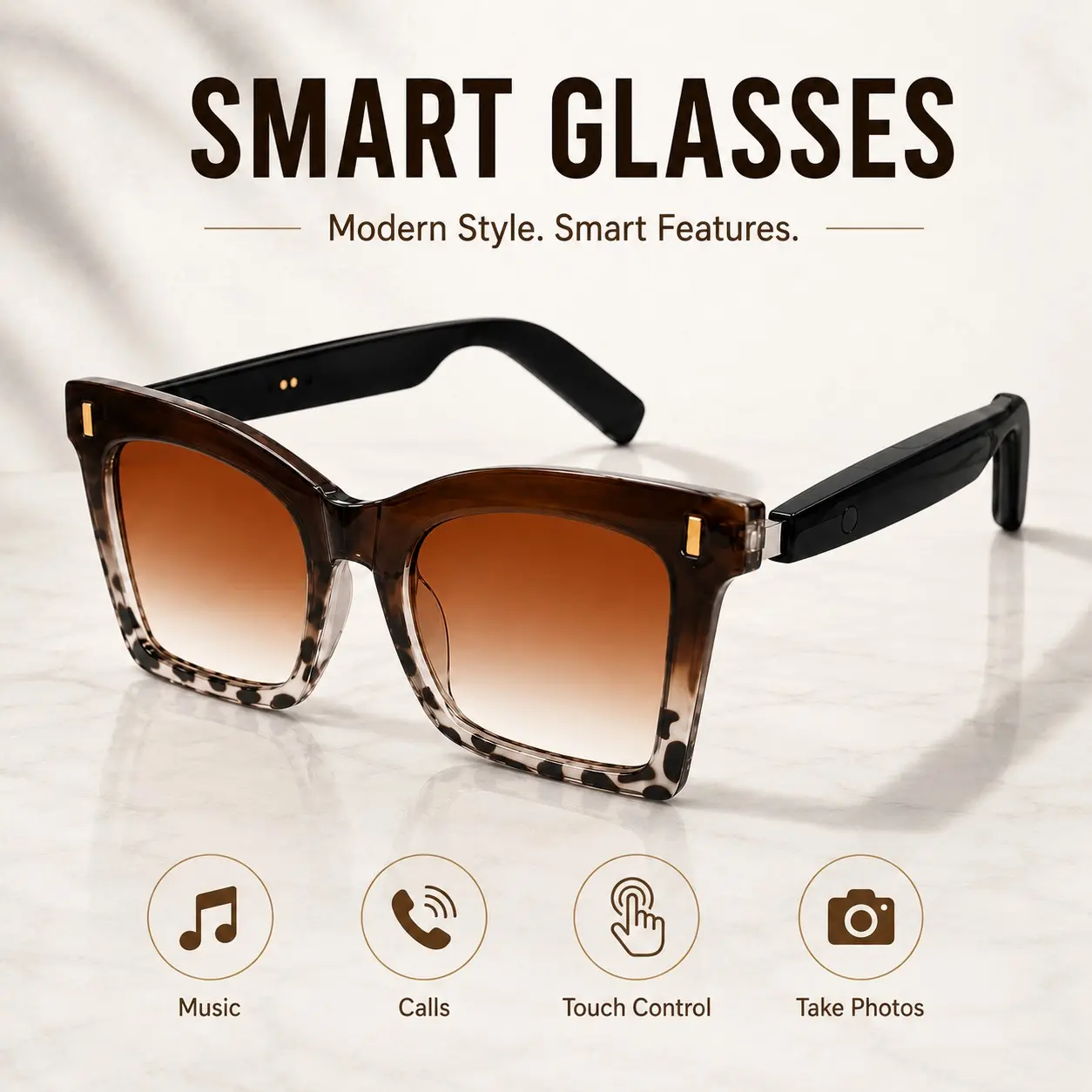 Smart Glasses, Open-Ear Bluetooth Audio Sunglasses with Speakers and Mic, Wireless Music, Hands-Free Calls, Touch Control and Voice Assistant,Remote Camera Shutter for Men Women