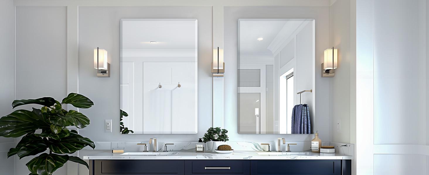 Beveled Mirror, Wall Mirror 18" x 24", Frameless Rectangle Mirror with Beveled Edge, Hangs Horizontally or Vertically.Rounded Corner Tempered