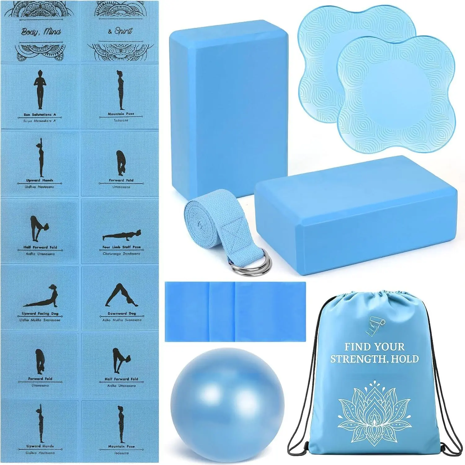 Foldable Yoga Mat and Blocks Set for Women with 2 Pack Yoga Blocks and Strap,Thin Non Slip Pilates Mat with Bag,  Workout Equipment Essentials Starter Kit for Beginners Full  Toning