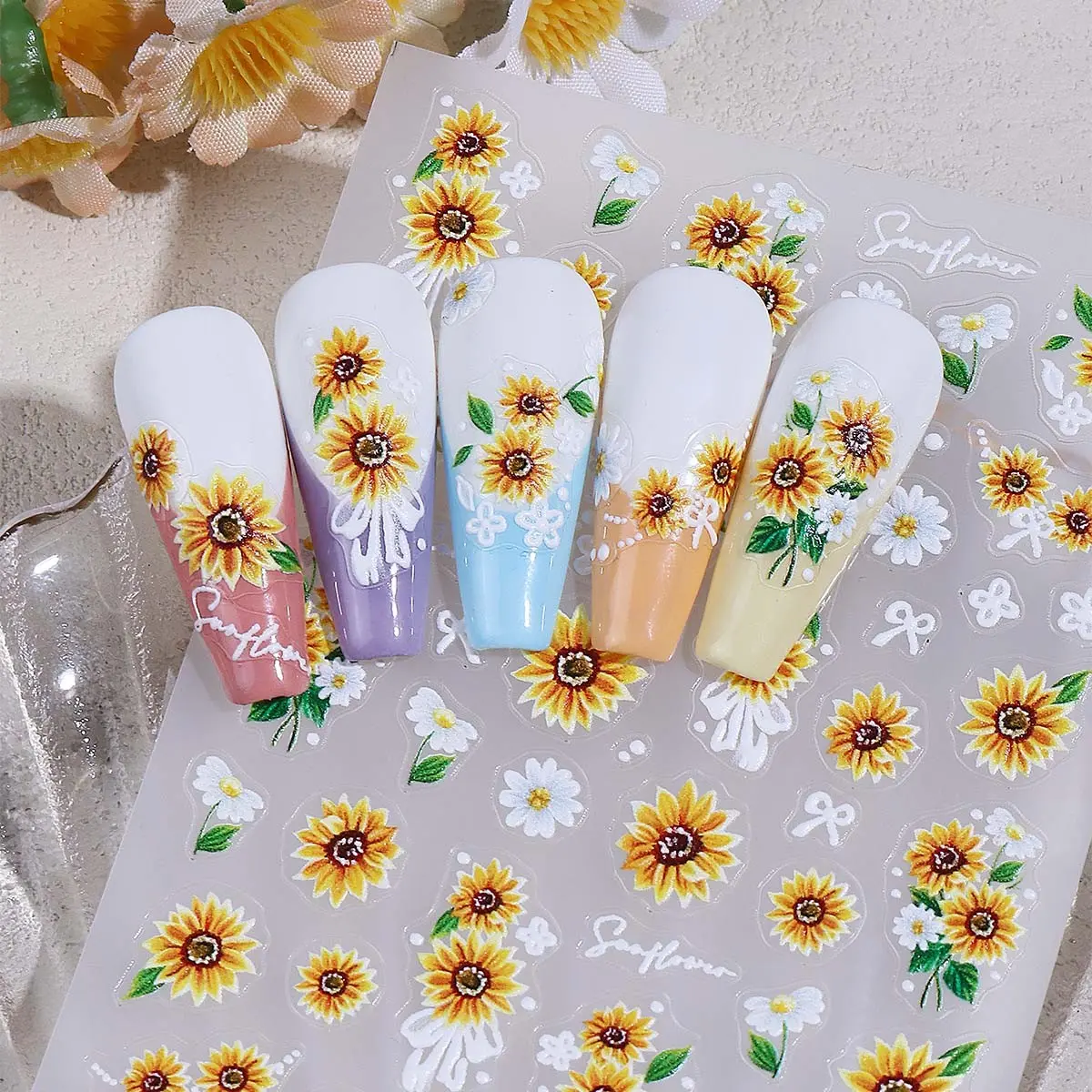 2 Sheets Sunflower 3D Nail Stickers, Daisy Summer Flower Design DIY Self-Adhesive Nail Art, Perfect for Women and Girls' Nail Decorations