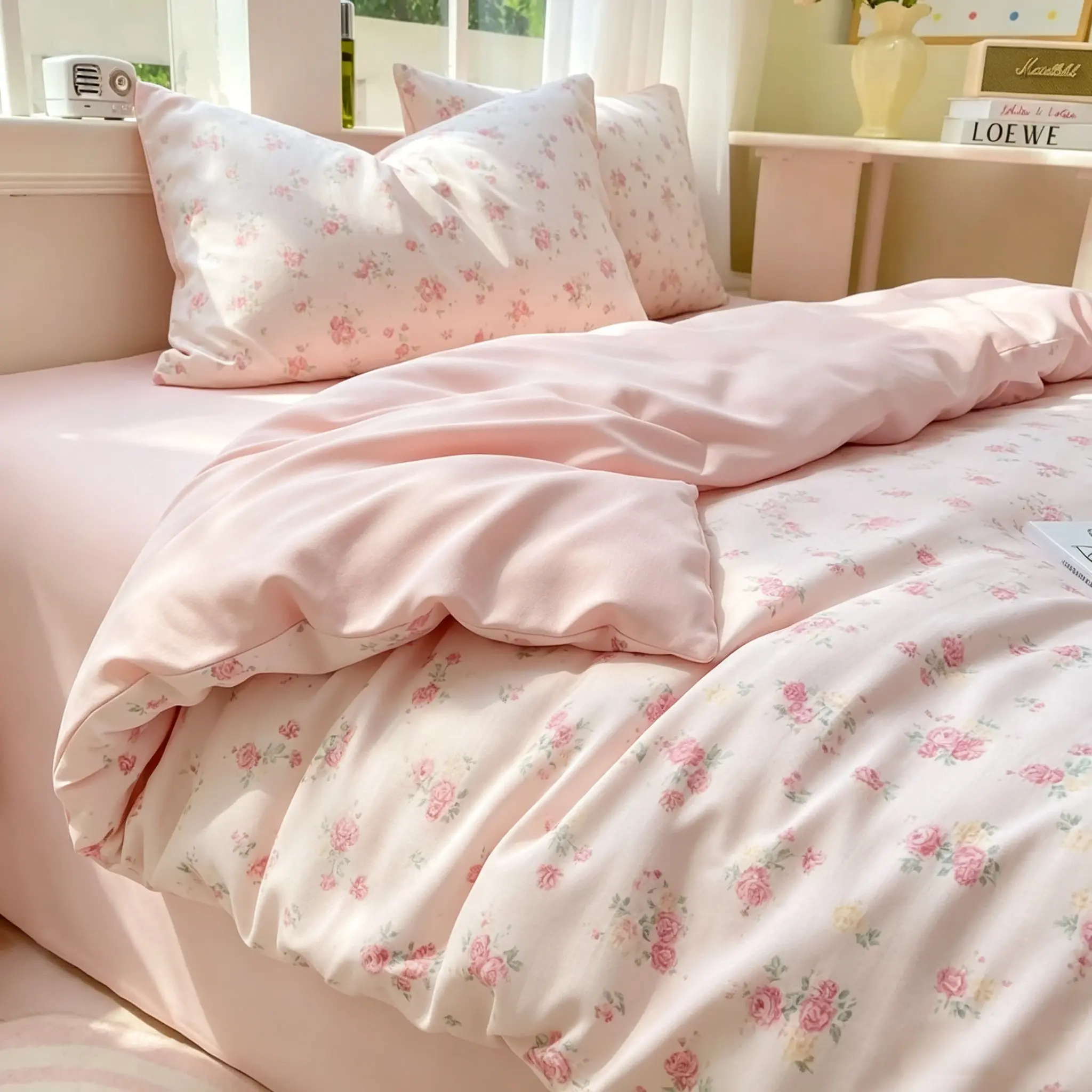 Cherry Blossom Rose Print Bedding Set, French Court Romantic Quilt Cover Four Piece Set, Vintage Garden Style, Floral Bedding Sets, 100% Polyester, Comfortable, Bedroom Elegance