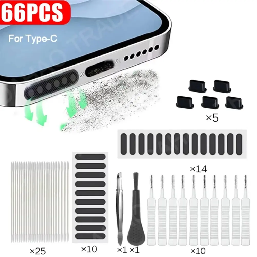 66PCS Mobile Phone Speaker Charging Port Cleaning Set Type C Silicone Dust Plug for USB C Cell Phone and IPhone 16 15 14 Earphones Clean Kit Brush for Samsung Xiaomi Cleaning Kits