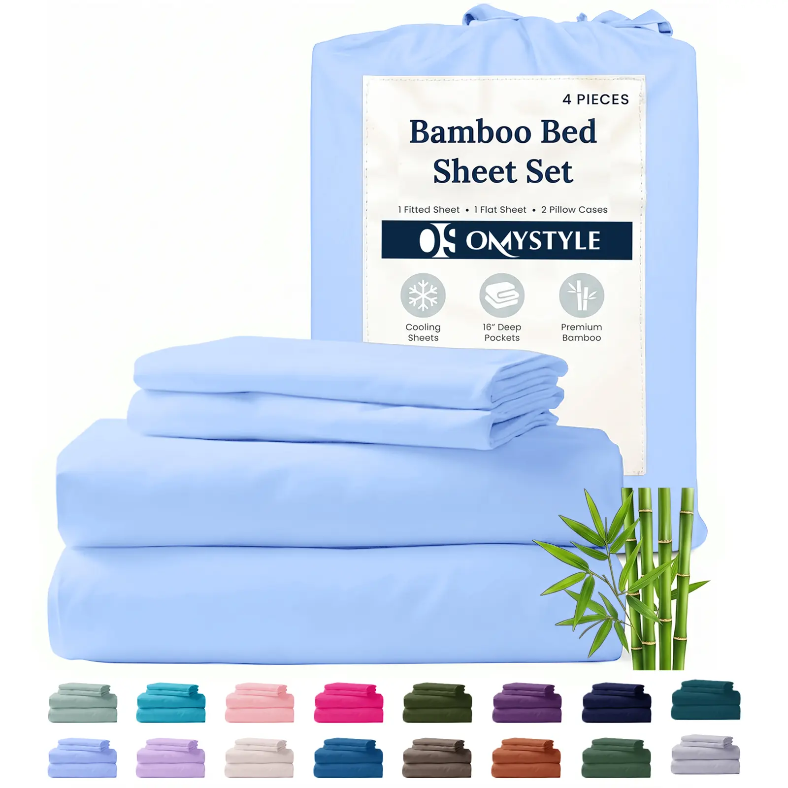 OS OMYSTYLE 4pcs Cooling Bedding - Extra Deep Pocket, Breathable And Cool - Perfect for Sleepers Who Sweat Easily And Kids, Includes Pillowcases, Fitted Sheet, And Flat Sheet, Fits Queen And King Size