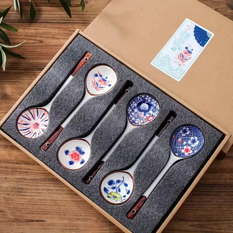 6pcs of creative ceramic dessert spoon gift box set, soup spoon, ceramic spoon, creative milk spoon, Lamian Noodles spoon, modern mixing spoon, reusable spoon, washable dessert spoon, gift box suitable for giving new year tableware and friends