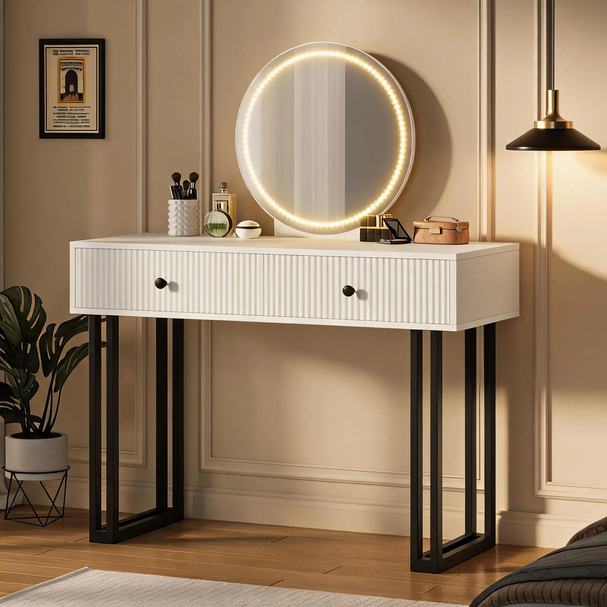 Moderner Schminktisch mit Spiegel und LED-Beleuchtung – 3 Lichtmodi & dimmbare Helligkeit – 2 Schubladen – Platzsparend für Schlafzimmer