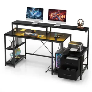Computer Desk 63 in with File Drawer, Gaming Desk with Led Light & Power Outlets, Home Office Desk, Ideal for Work Game Study Gaming