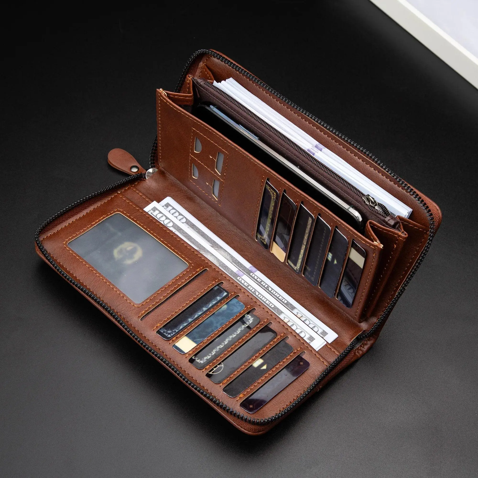 Men's Plain RFID-Blocking Long PU Leather Clutch Wallet, Zip-Closure Multi-Card Slots Organizer, Men's Accessories for Business & Daily Use, Wallet Cards Holder, Zipper Wallet Design