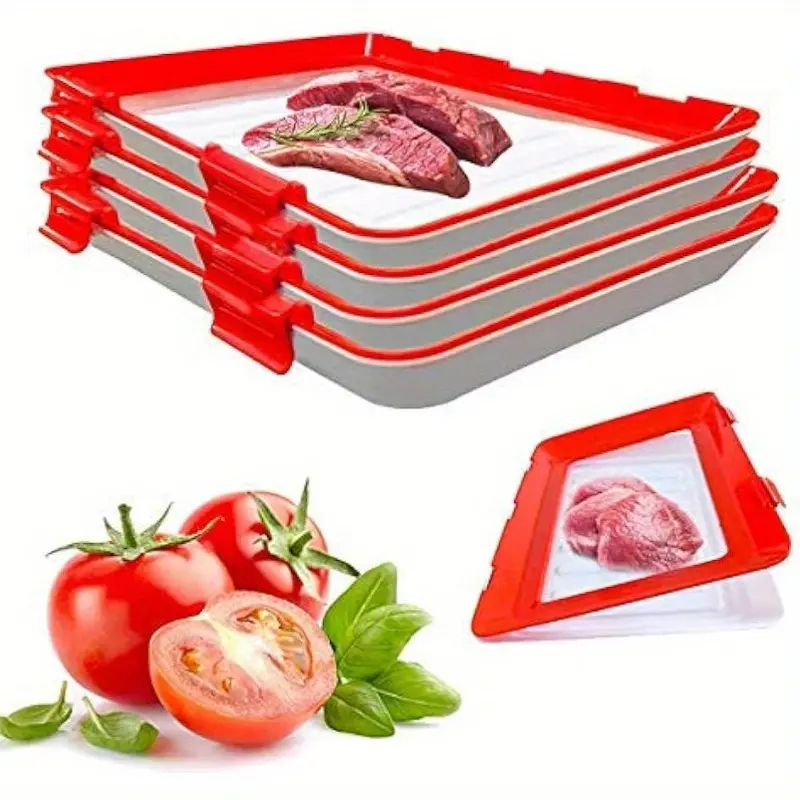 Red 2-Piece Reusable Plastic Rectangular Food Storage Trays, Stackable Containers, Space-Saving Kitchen Organizers for Home Meat Storage Accessories, Red 2-Piece Set