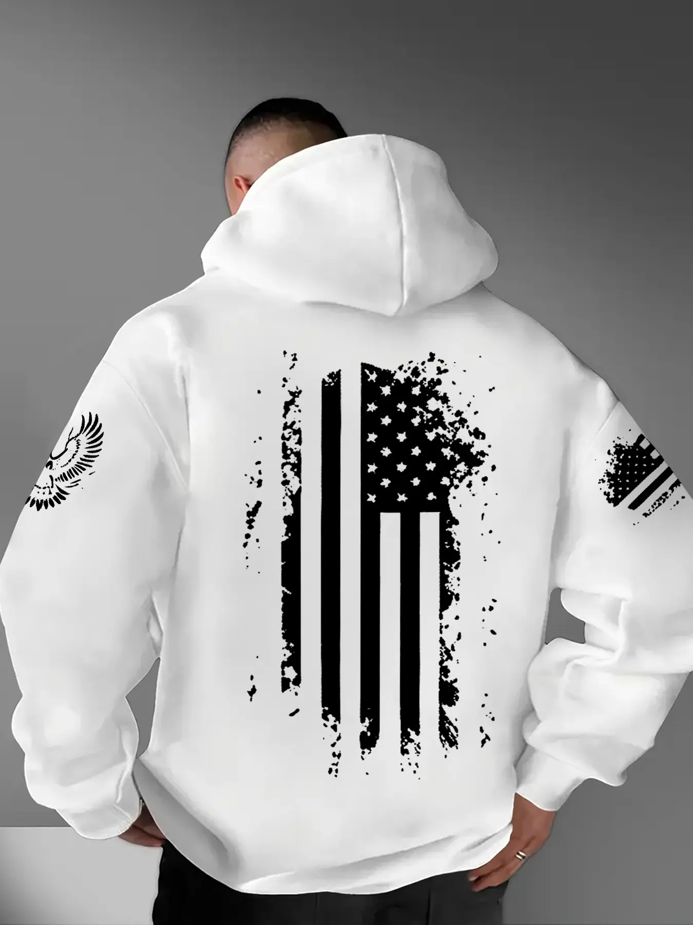 Vintage Vertical American Flag Eagle Print Loose Fit Pullover Hoodie, Men's Outdoor Commute Versatile Top, Fashionable British Cleanfit Style