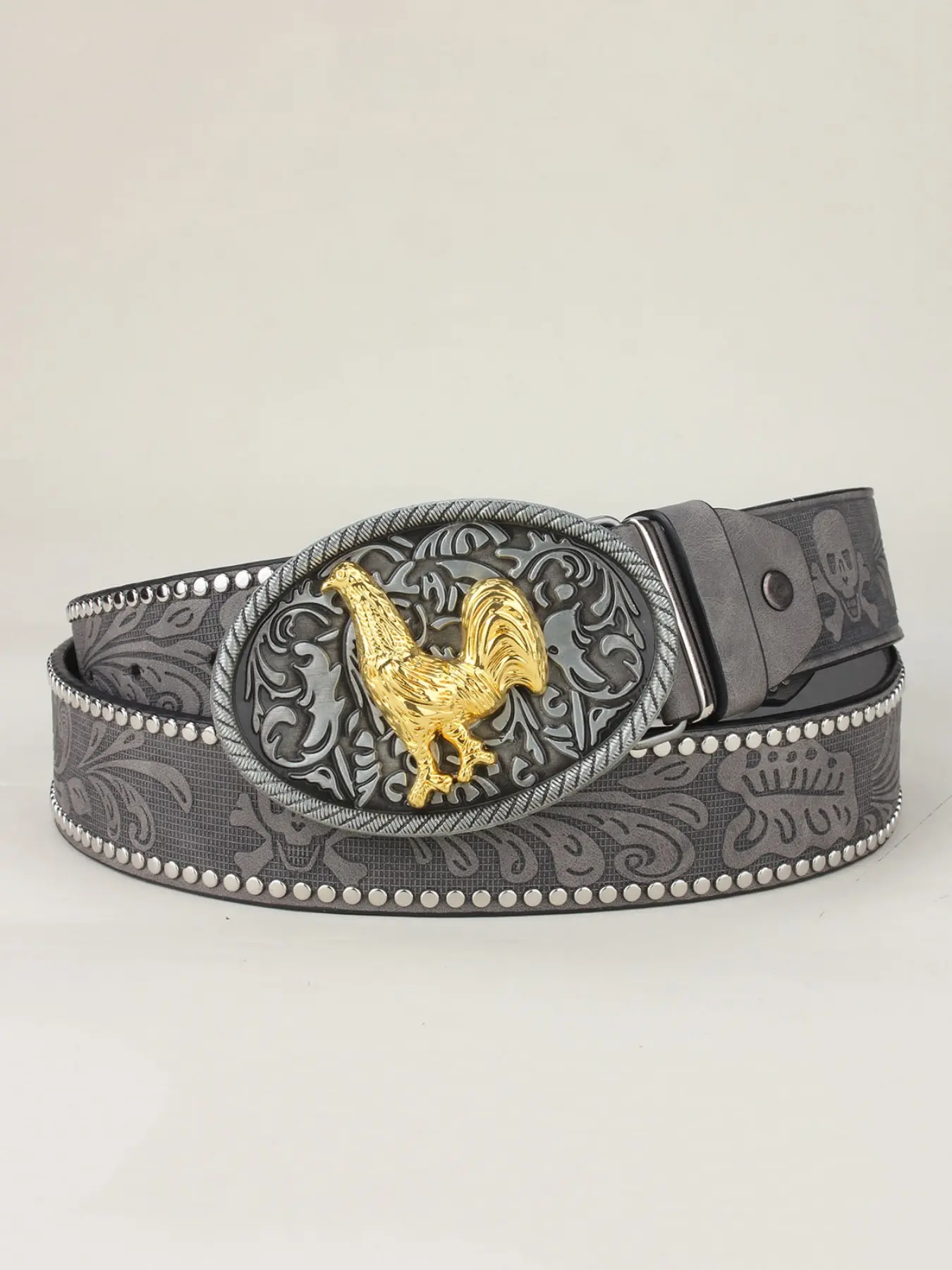 Vintage Western Style Rooster Pattern Leather Belt, Embossed and Rivet Details, Perfect for Men's Denim, Western Cowboy Belts