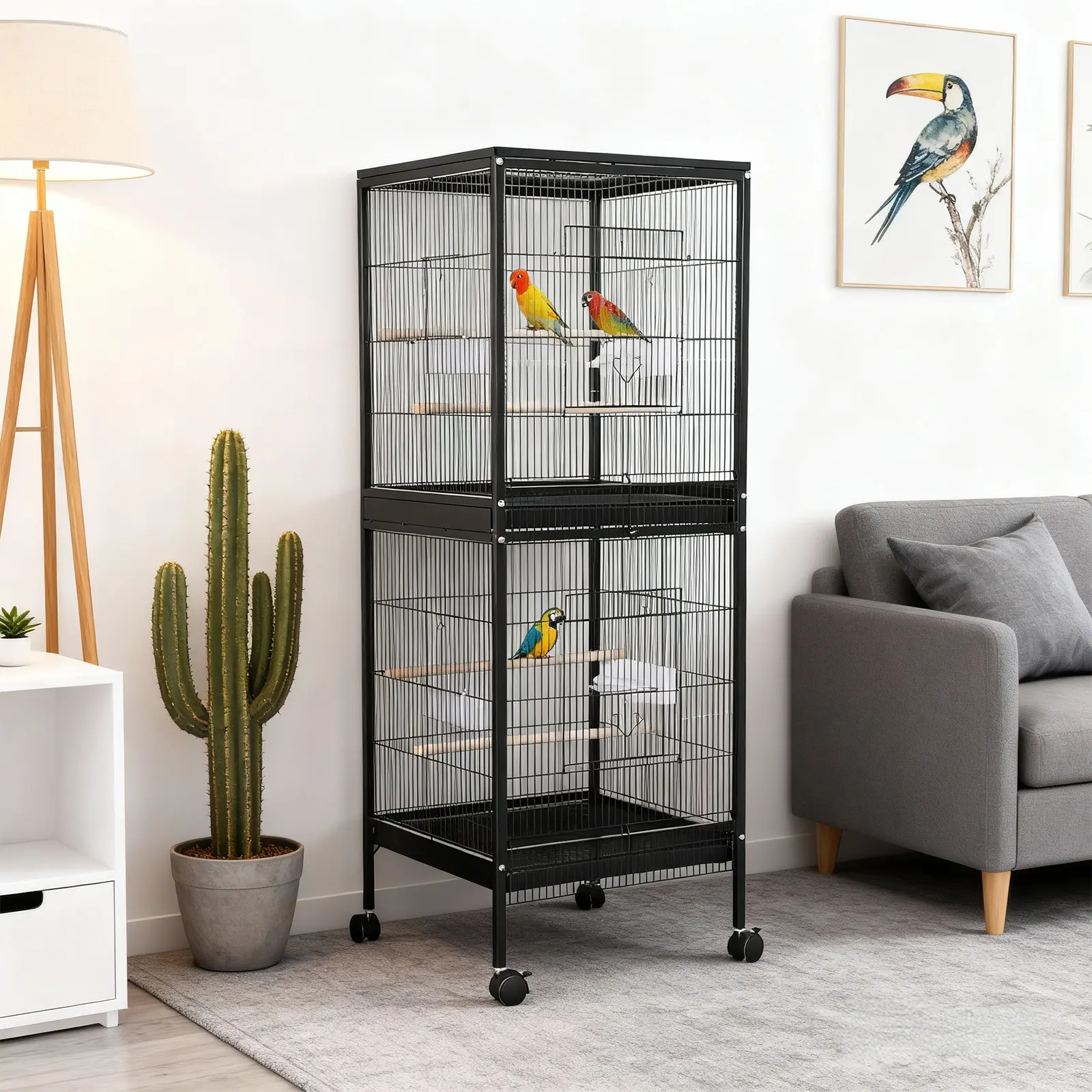Double Stackable Bird Cage with Play Top – 2-in-1 Rolling Aviary for Cockatiels & Conures, Pull-Out Trays & 4 Bowls Included