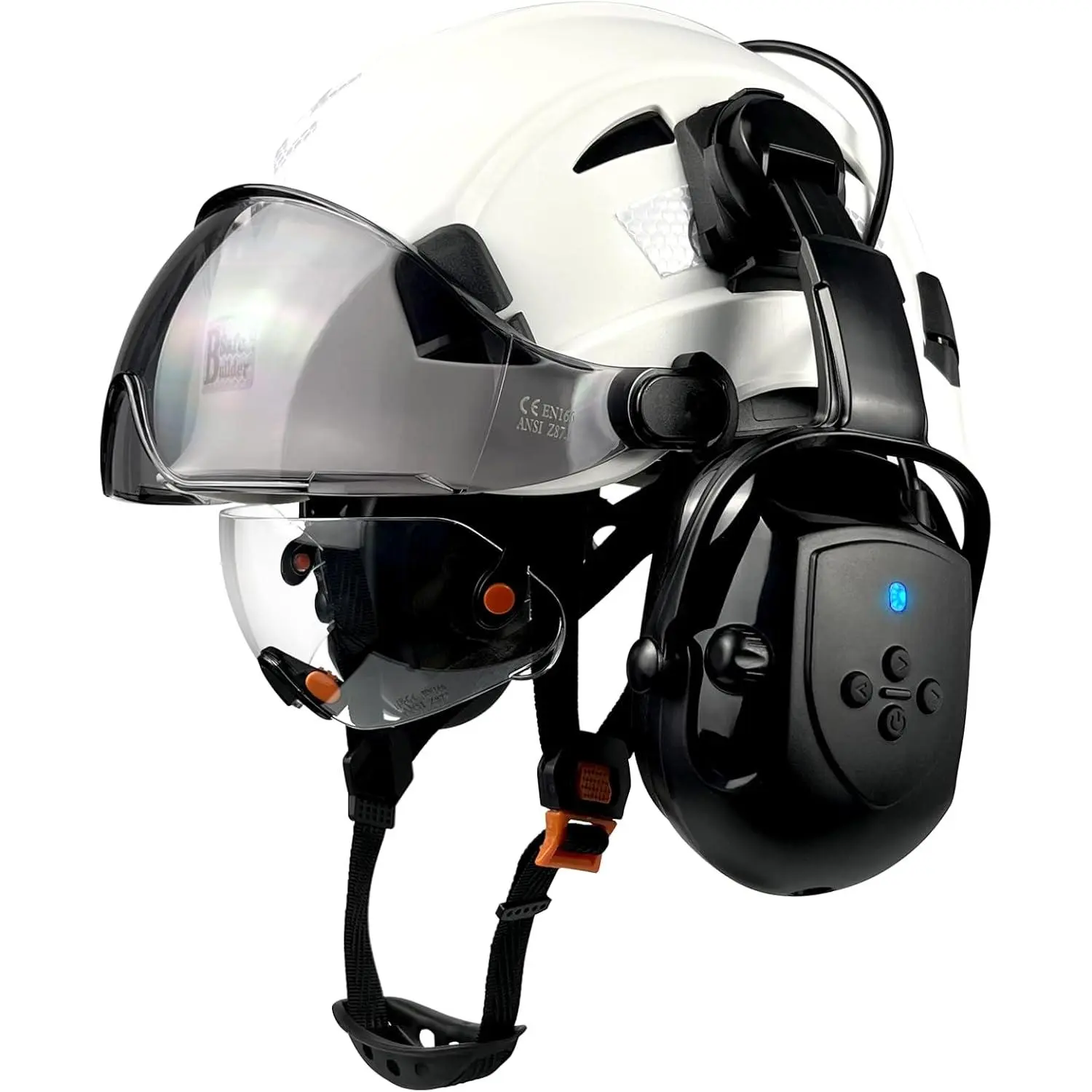 Dual Vented Hard Hat with Bluetooth Ear Muffs and Flip-Up Visor, Reflective, 6-Point Adjustable Suspension for Adult Outdoor Work, 6-Point Adjust, Adult Unisex