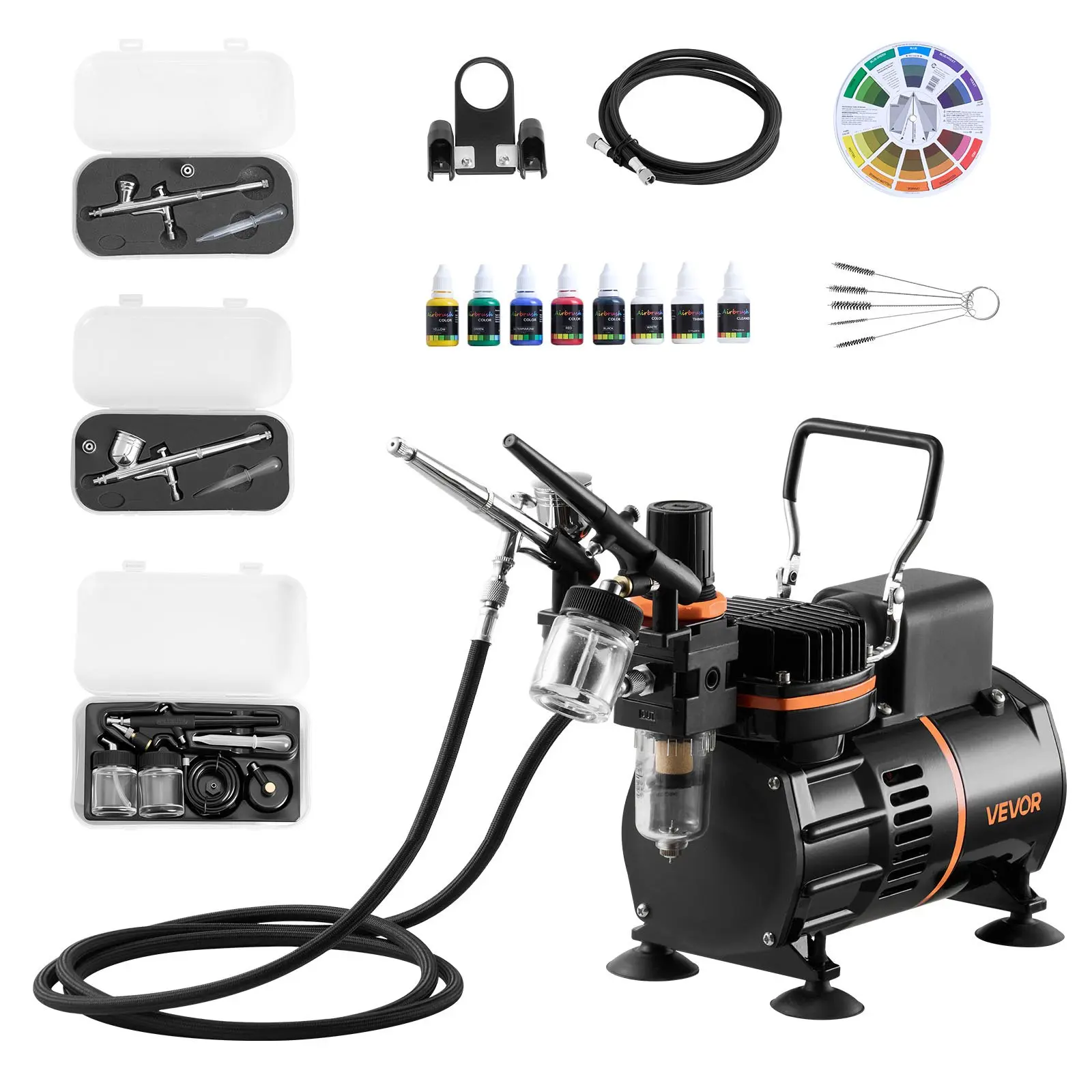 VEVOR TC-20 1/6 HP Dual-Action Airbrush Full Kit with Air Compressor, 3 Professional Airbrushes (0.3 mm, 0.8 mm Nozzles), Hose, Acrylic Paint, 2 Cooling Fans, Low Noise, Minimal Effort, Long-Lasting Use, 23-25 L/min for Art, Cake Decorating