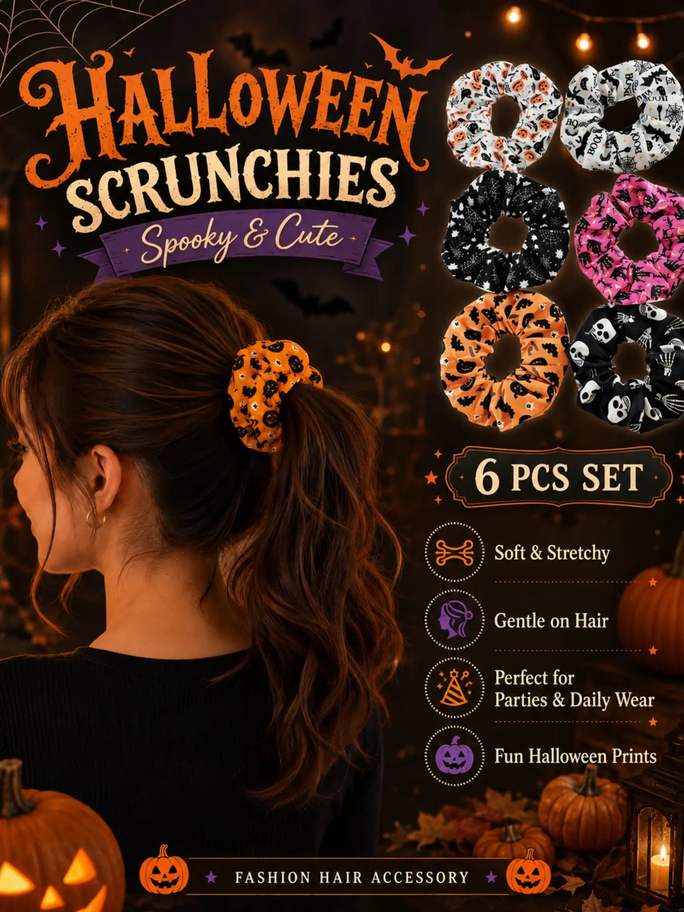 6 Pack Women Gothic Punk Halloween Headbands, Dark Mysterious Print with Pumpkin, Spider Web, Castle, Skeleton, Bat & Ghost, Soft Stretchy Fabric Non Slip Hair Bands, Ideal Halloween Cosplay & Back to School Costume Hair Accessories Set