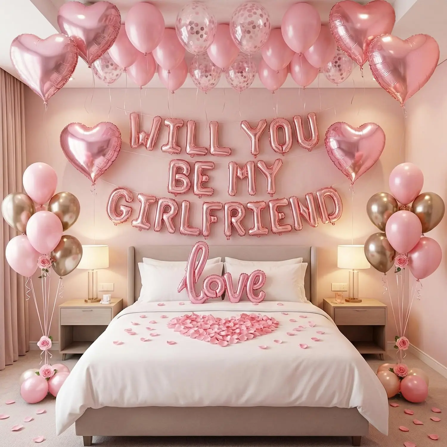 Will You Be My Girlfriend Balloon Letters with  Heart Foil Balloons, Love Sign, Rose Petals and Latex Balloons – Romantic Room Setup & Be My Girlfriend Proposal Decorations for Valentine's Day