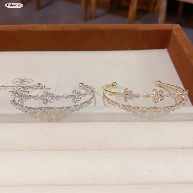 Women's Zircon Petal Flora Open Cuff Bracelet - Lead-Free Polished Alloy, Double Layer Design Adorned with Petal-Shaped Cubic Zirconia Crystals, 1 Size Fits Most Delicate Feminine Fashion Accessory
