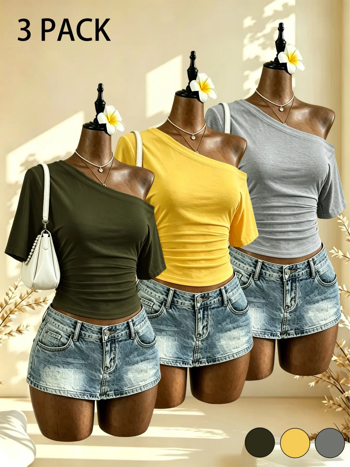 Three-Pack Women's Solid Color T-Shirts, Casual Short Sleeve Tops, Shoulder-Exposed Design, Perfect for Daily Wear, Outdoor Activities, Multiple Colors Available