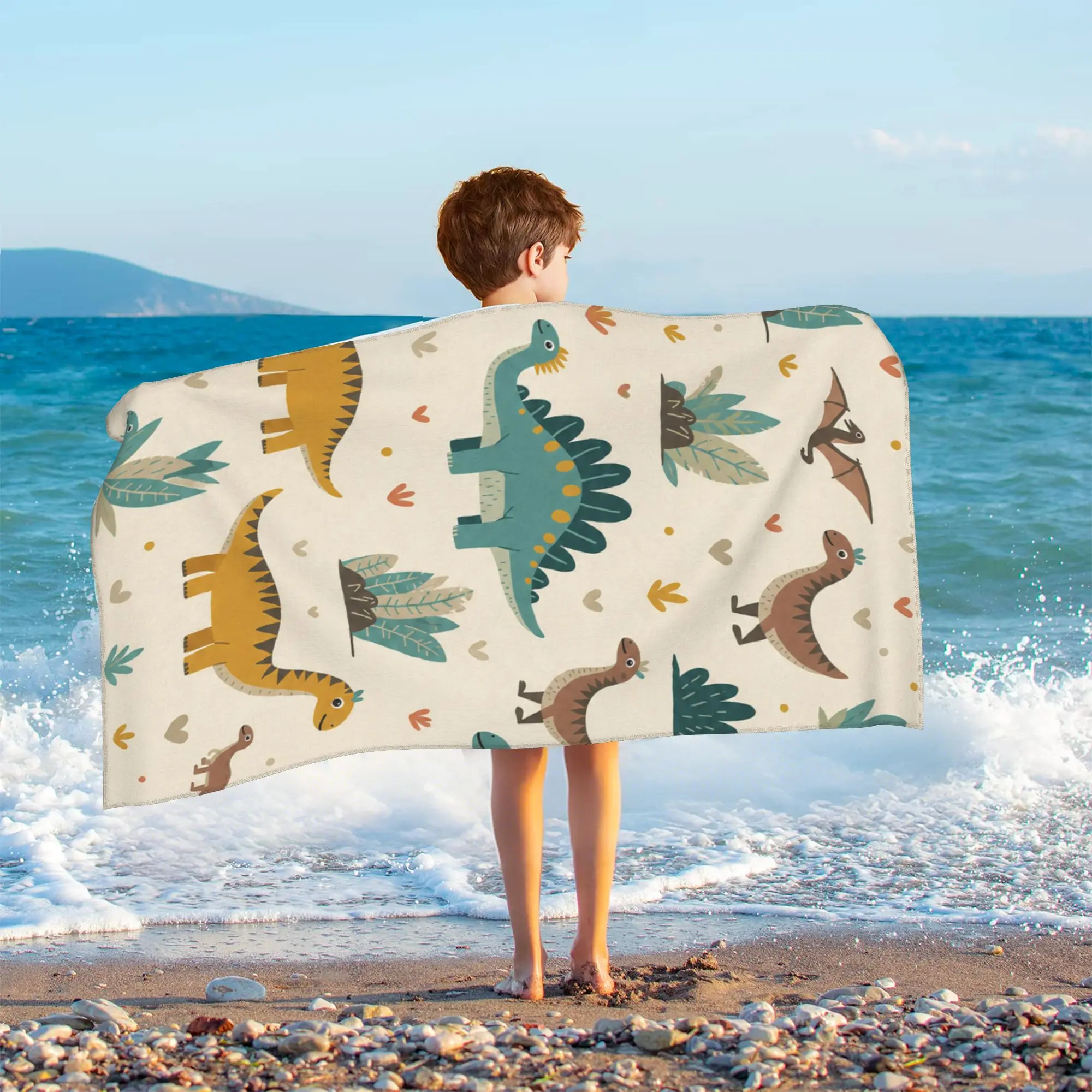 Microfiber Kids Bath Towel Dinosaur Print Ultra Soft Absorbent Beach Towel Multi-Use Fluffy Receiving Blanket Skin-Friendly Fade-Resistant Quick Dry Shower Towel for Toddlers Boys Girls