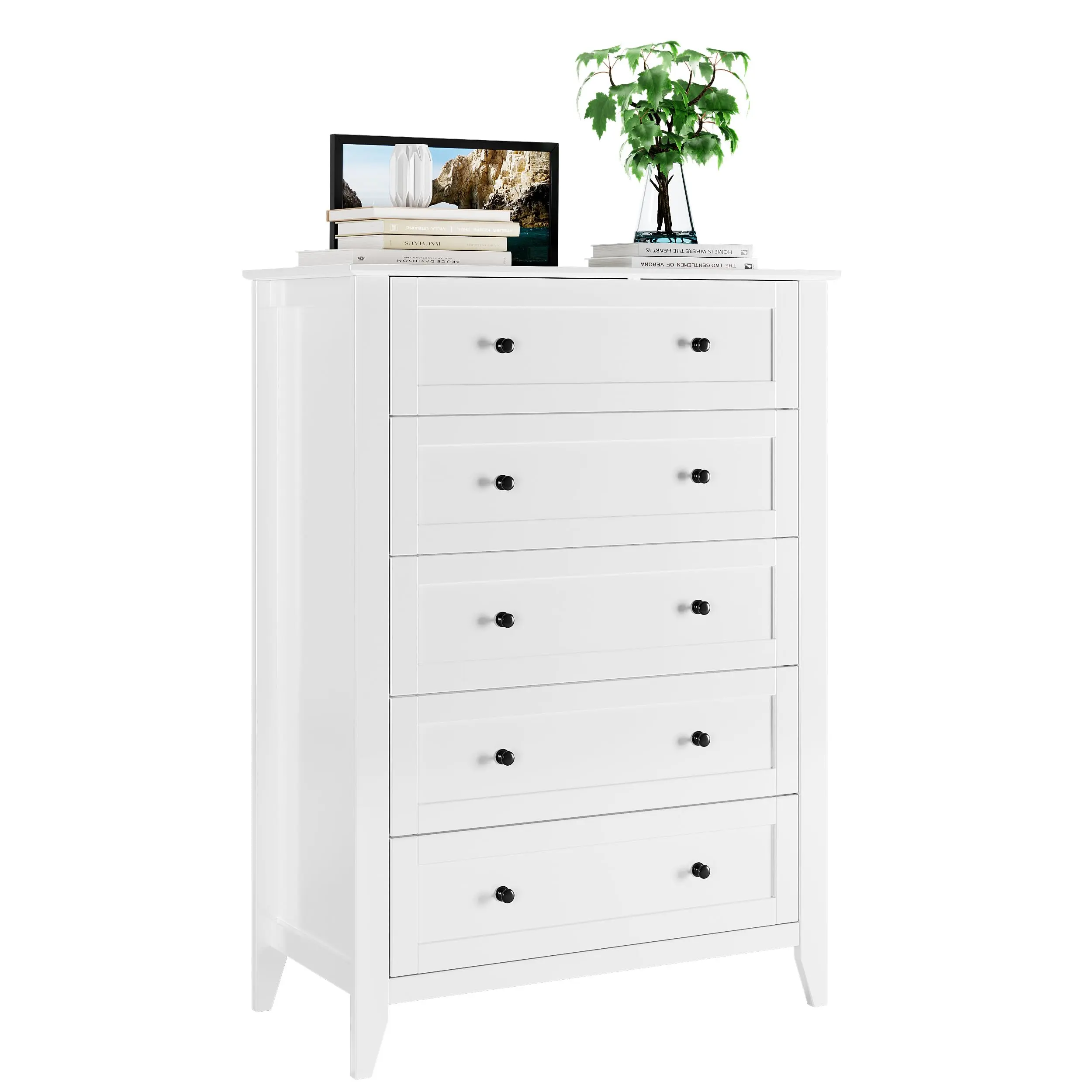 GARVEE5 Drawer Tall Dresser with Deep Drawers and Metal or Nickel Knobs, Modern Wood Chest Organizer for Bedroom, Living Room, Entryway, Hallway in White, Black, or Grey