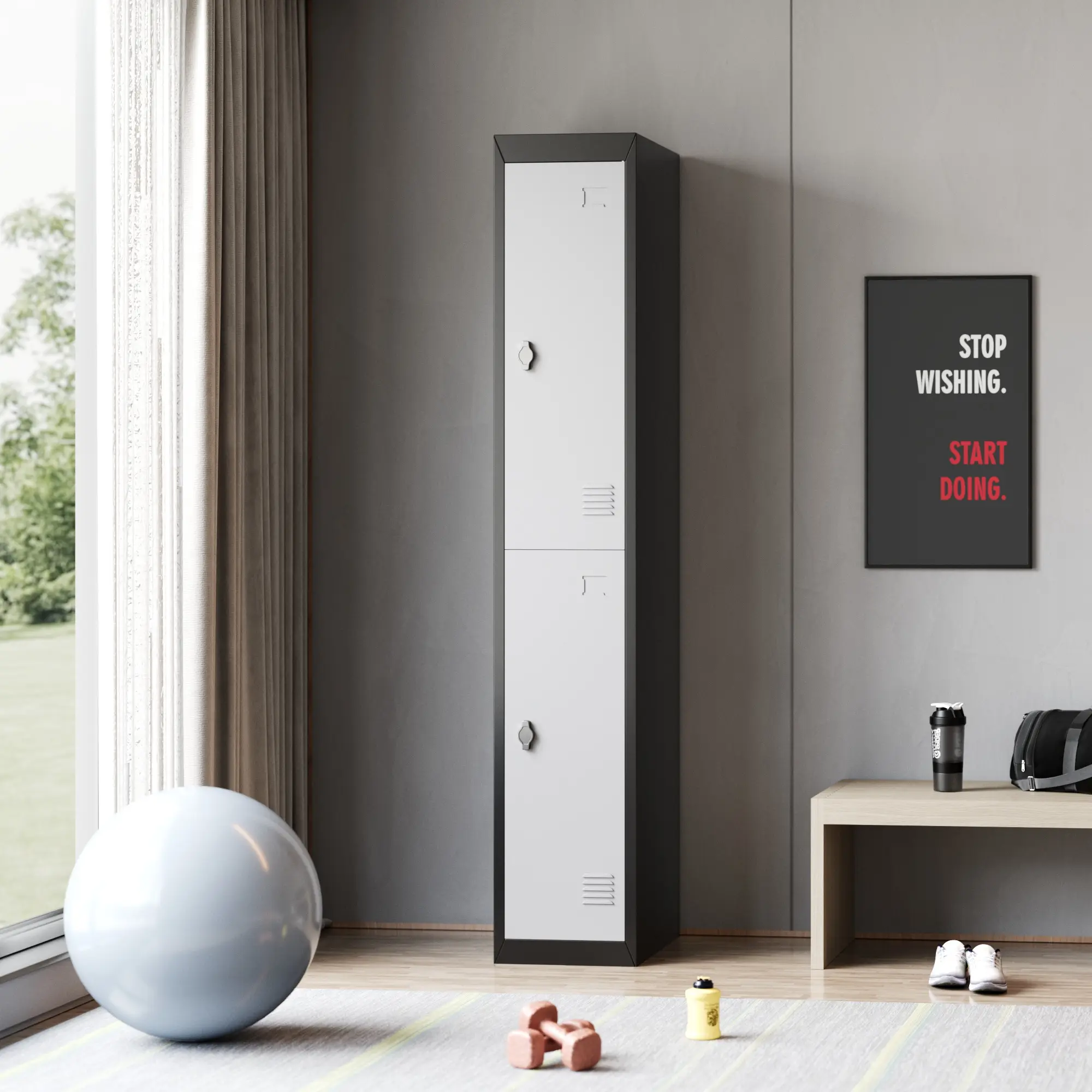 Heavy Duty Steel Locker Cabinet – Tall 2-Door Storage with Lock, Hanging Rod & Ventilated Shelves, Rust-Resistant, Ideal for Office, School, Gym, Garage, Warehouse