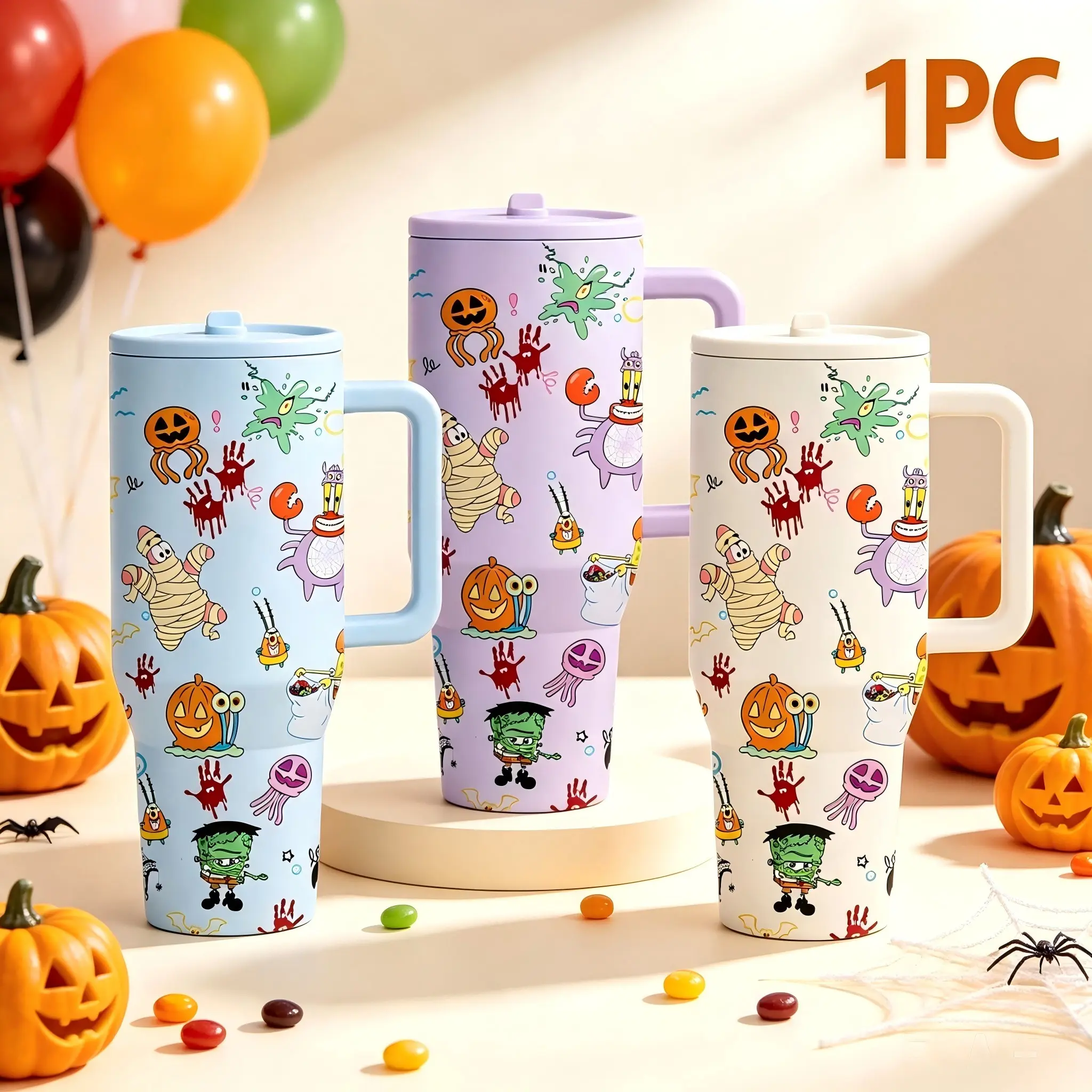 1PC 40oz Cute sponge Halloween Tumbler with Handle, Spooky Cartoon Print Insulated Stainless Steel Cup, Large Capacity Travel Coffee Mug, Double Wall Vacuum Bottle, Cold Drinks 24H, Hot Drinks 12H, No Sweat, Car Cup Holder Compatible, Trendy Fall Drinkwar