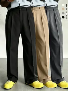Men's Pleated Wide Leg Suit Pants, Casual Loose Fit, Business, Formal Wear & Street Style, Mid Waist, Drawstring Waist, All Seasons