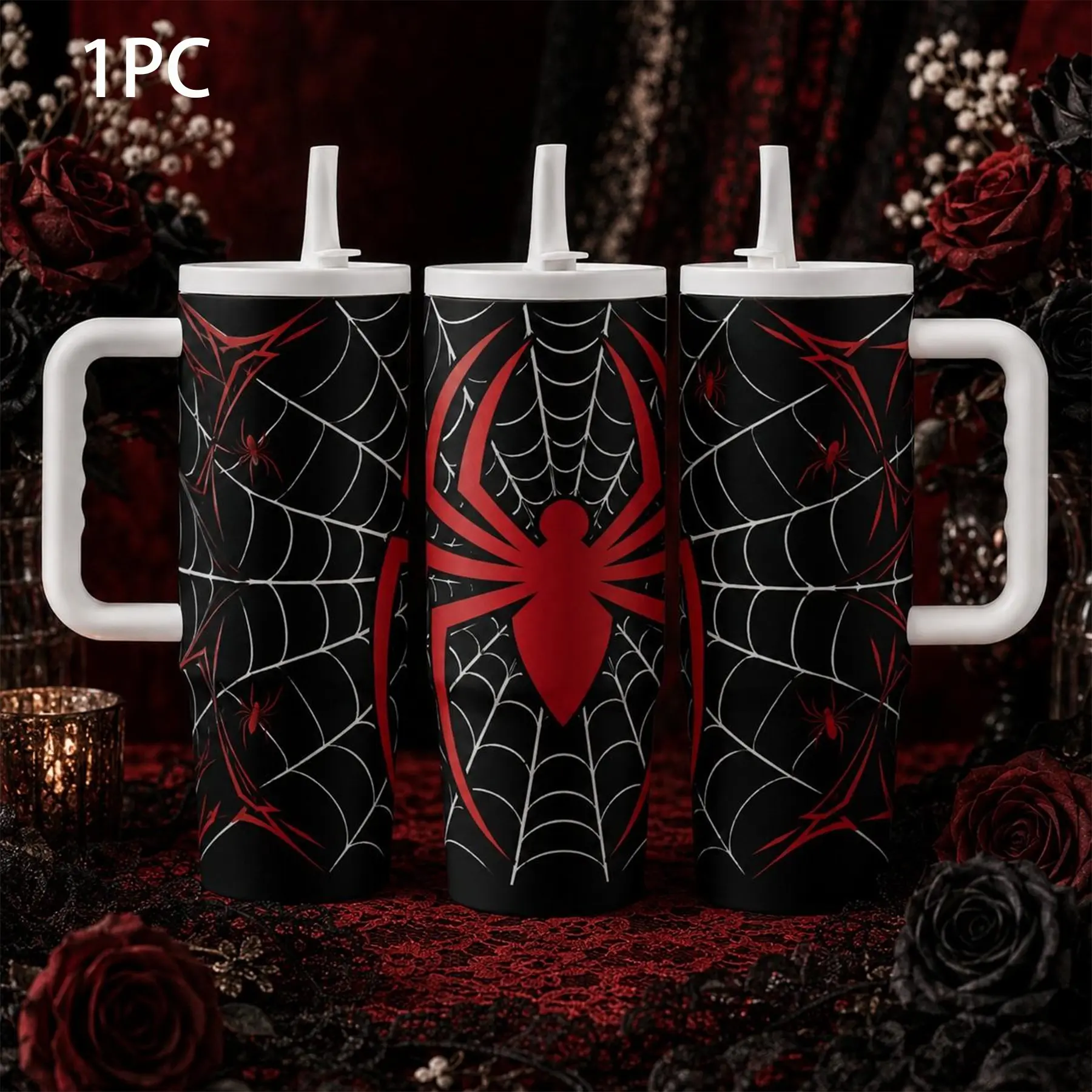 Spider-Man Gothic Spider Web Tumbler with Handle and Straw, Large Capacity Travel Cup for Hot and Cold Drinks, Insulated Design, Drinkware Stylish Flasks
