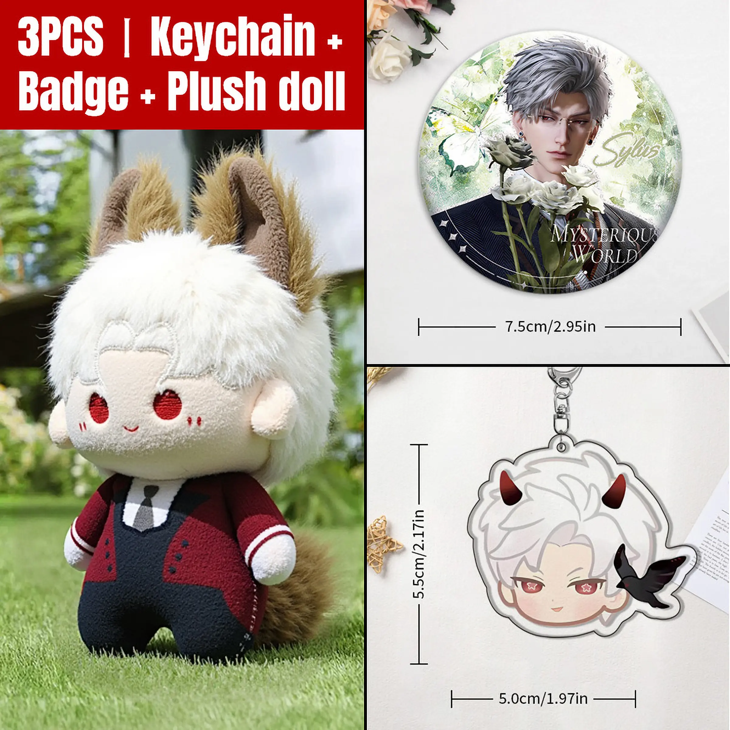 Love and deepspace plush doll three-piece set, Sylus/Zayne/Rafayel/Aster/Caleb highly restored character, The set includes a plush toy, a keychain, and a badge, Suitable for backpack accessories, clothing accessories, holiday gifts, animation collections.