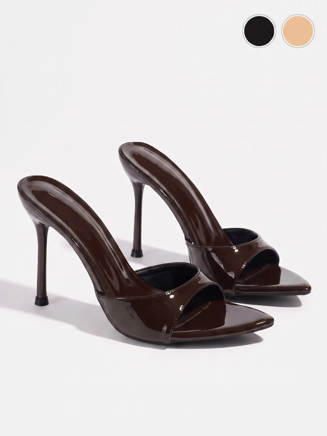 Women's glossy pointed-toe stiletto sandals, minimalist single-strap mule heels for outdoor wear. PU material, smooth texture, structured shape that resists sagging. Sexy open-toe elegant women's heeled sandals for summer outings, dates, parties, vacation