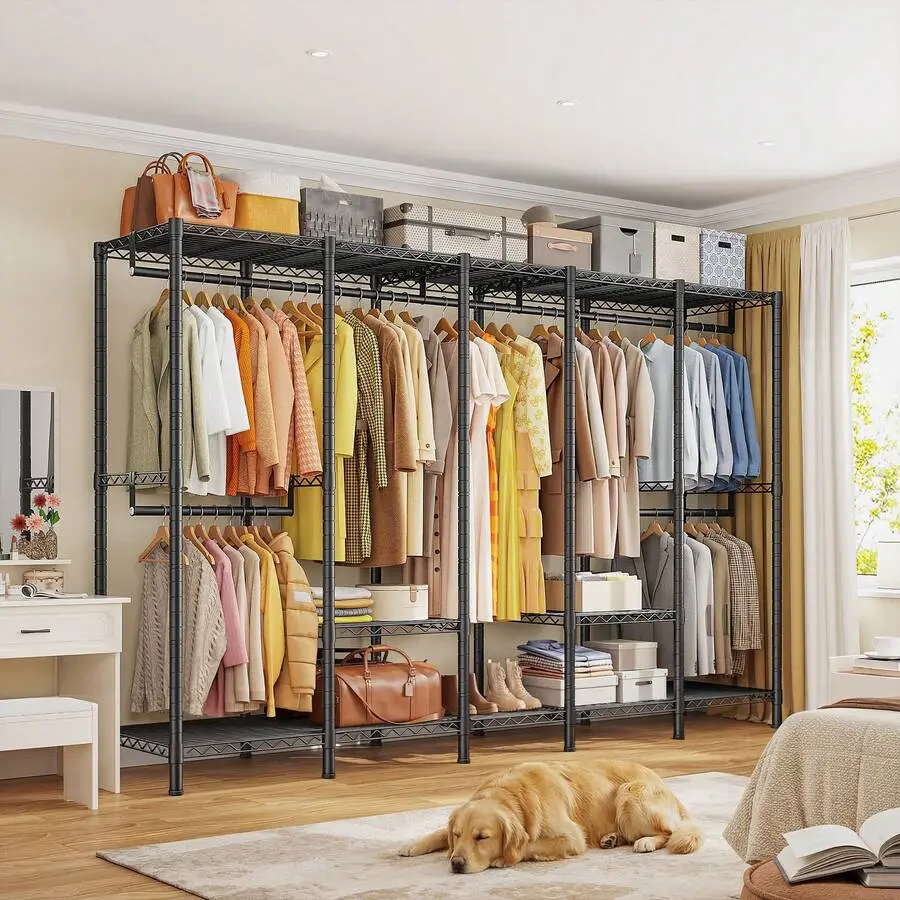 88.2" Wide Heavy Duty Clothes Rack, Extra Large Portable Closet Holds 1200LBS Freestanding Double-Hang Garment Rack For Bedroom, Dorm, Apartment & Retail Display, Black,dresser,wardrobe,storage,,shelf,,armoire,,organizer,capacity,rental,,system,metal