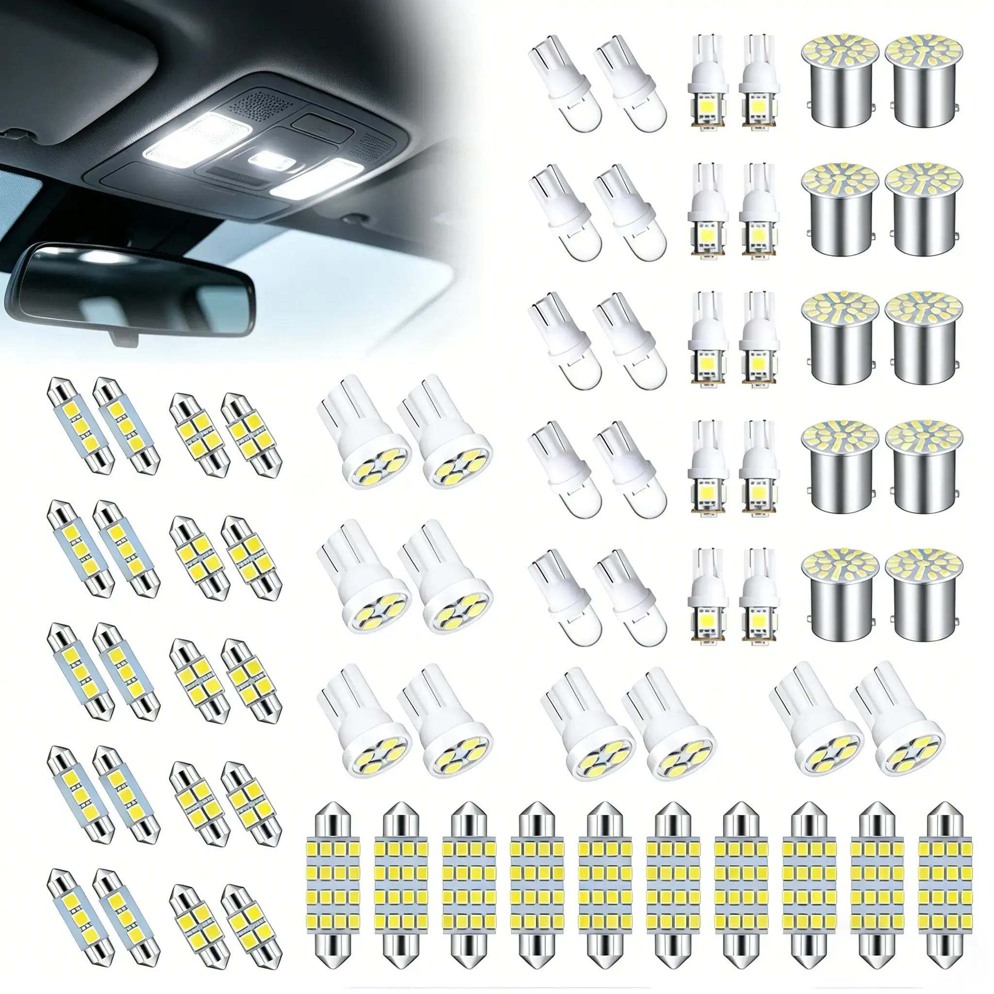 Fathers Day Gift 42 Pcs Interior Car Lights, Super Bright White Dome Map Tail Cab Lights Bulb Kit Set , Light 31 36 41 mm 12v De3175 6411 T10 2825 6612f 6615f for Dome Map Read Door Trunk Glove Box License Plate Cargo Courtesy(White)