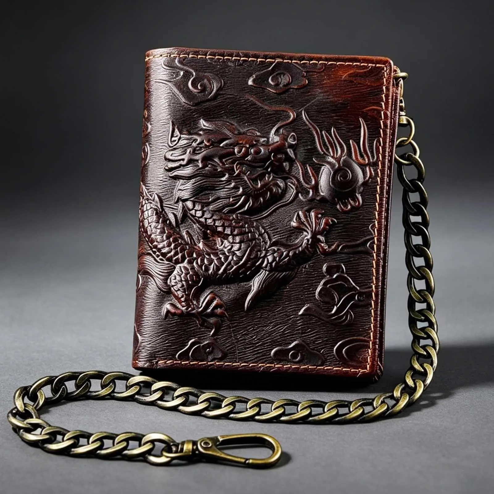 Embossed Dragon Leather Men Wallet Bifold With Safe Chain Anti-Theft Card Holder